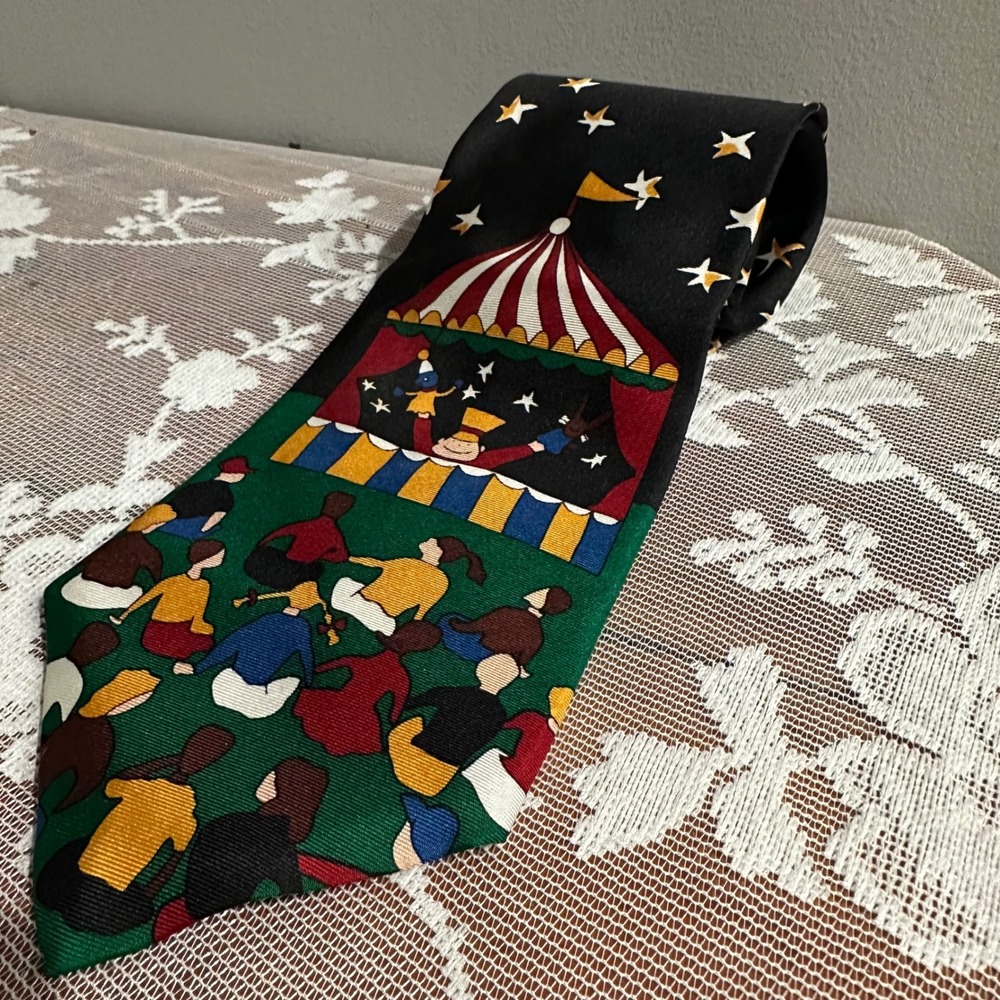 Save the Children Silk Tie Mens Black Green Circus Puppet Show Excellent Novelty
